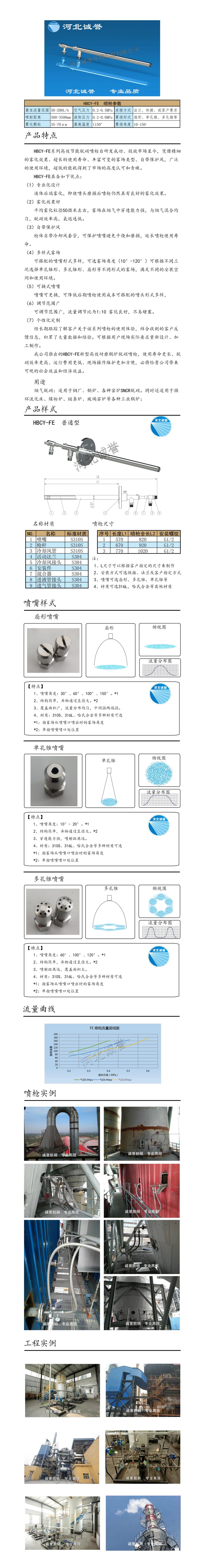 電廠脫硝噴槍保護套、噴槍參數、材質尺寸、流量分布圖、扇形空心錐俯視圖介紹，以及噴槍霧化視頻展示和工程案例介紹